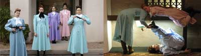 Two images left to right: 1) a group of women wearing pale blue, aqua, purple and pink old fashioned and ankle-length dressed with white bows at the neck. some are holding weapons including a machine gun and a knife. 2) Three women appear in an odd configuration all wearing pastel colored, long dresses. One is beneath a table lying on the floor, her feet in the air supported by another woman bent over; the third lays on the table.