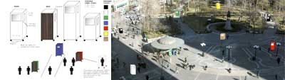 Two images left to right: 1) a schematic drawing of several rolling cabinet-like forms with miniature human forms in the foreground and a color key on the right.2) A photo of the south end of Union Square Park in New York City, with colored squares, red, white, yellow scattered around the scene.