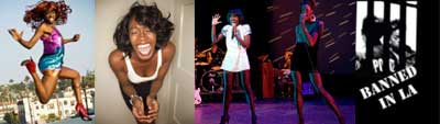 Five photos left to right: 1) a black woman mid stride, running in red booties and a pink and aqua mini-dress. Her hair flies. 2) a black woman laughing photographed from above. She wears a white tank top. 3) a black woman wearing a white dress on stage with a mic in her hand. 4) a black woman on stage wearing a green top and black skirt with a mic in her hand. 5) A black and white photo of a woman in a jail cell with the words "BANNED IN LA" written in block white letters in the foreground.