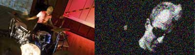 Two photos left to right: 1) a color photo of a person playing the drums bathed in red and white lights. 2) a blurry black-and-white head shot of a person's face as they look down. They wear sunglasses and cropped hair.