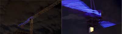 Two photographs from left to right: 1) A dark photograph taken at night of a giant construction crane. Part of its horizontal element is lit in purple light. 2) A dark, atmospheric photo taken at night that shows the yellow light of an open doorway on the bottom center of the image. Above is a diagonal set of variegated purple, blue lights.