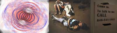 Three images left to right: a pink, purple, and white drawing of multiple purple curved lines connecting two balls of white against a pink ground; three figures sitting on the ground, one reclines with legs and arms crossed; a photo of a white sign with black text crudely taped with black tape to a wall reading "Come in. To talk to me CALL" followed by a partially illegible phone number.