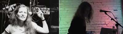 Two photos left to right: 1) a slightly blurry, black-and-white photo of a woman from the chest up. She has long hair and wears a white T-shirt, raising her left arm in a gesture. There is sound equipment in the background. 2) a color photo of a black silhouette of a person with long hair in profile as they stand at a mic. The brick wall in the background is white, and lit by pale green, pink, and blue lights.