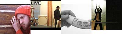 Three photos from left to right: 1) A white person with a beard and wearing an orange wool knit cap appears to be listening at a wooden wall or fence. 2) a person in black silhouette stands at the right side of an interior room, which seems to be an artist's studio with canvases stacked against around him. 3) a black-and-white photo of a close up of someone's hand holding a banana with the word Peel carved into it's skin. 4) An image split vertically in half, on the left a person stands with legs apart clapping their hand over their head; the right is black.
