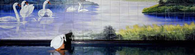 An image of a painting or drawing of a landscape featuring a pond or lake edged in greenery with several white swans bathing and swimming on its surface. A person gazes at the view at a three-quarter view in the foreground.