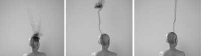 Three black-and-white photos left to right: Each features a few of the shoulders and head of a bald mannequin or person from behind, augmented by a fuzzy material or smoke that rises from the figure's head.