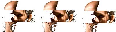 The same image repeated three times. A person with pale skin is photographed from the brow bone just below the nose at a 3/4 angle. The rest of their head and neck is cut off above and below and replaced by off-center images of flesh that seems to be other body parts.