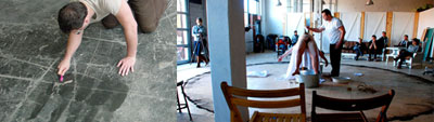 Two photos left to right: 1) A person cleaning a scratched and dirty floor with a toothbrush 2) Two people standing at the center of a circle within a gallery space. There are two empty chairs in the foreground.