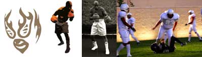 Four images from left to right: a taupe drawing of a Mexican Lucha Libre-style mask; a silhouetted photo of a boxer wearing orange gloves; a black-and-white photo of a boxer in white trunks and boots; a photo of football players mid-play, wearing white uniforms and helmets.