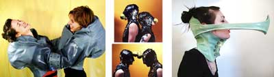 Three images from left to right: 1) two people face one another wearing rubber-like gray costumes. It seems they are laughing as their arms are seemingly connected by the costumes. The background is yellow. 2) two photos stacked vertically. In both, 2 people in are connected to one another by black, rubber-like costume elements that cover their heads and faces. 3) a woman stands facing a wall, she is seen from the chest up in profile as a hospital green neck brace, seemingly made of a rubbery substance, connects her to the wall.