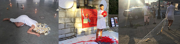 In the first of three photos, a woman lies face down in the middle of a glossy concrete floor with a few votive candles lit in the background. She wears a large headpiece made of dozens of ivory-toned rectangles. In the second image, a woman stands on a white-sheet covered sidewalk in front of a building made of large stone blocks. She stands in front of a red banner, holding a red object, with a tangle of red ribbon at her feet. The third image depicts this artist walking away from the camera trailing bars of soap attached to white ribbons on the broken concrete sidewalk behind her. The sun is about to set on this urban scene with pedestrians, buildings, and the street leading into the horizon behind the artist.
