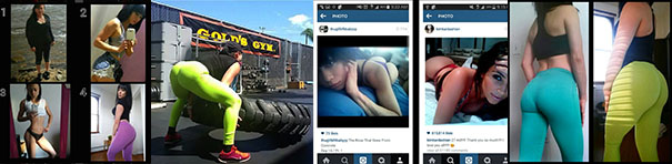 In the first is a composite of four images of the same young olive-skinned brunette striking different poses: on the beach, two indoor selfies, and one highlighting her butt while in a black top and tight-fitting magenta pants. In the second image she is seen squatting from behind in a black shirt, red sneakers, and skin-tight green yoga pants, lifting a large tractor tire in front of a Gold’s Gym building, and flexing her gluteus maximus. The third image shows two pictures of her laying on beds in lingerie and looking sexily at the camera, seemingly taken from a website akin to OnlyFans. She is wearing lingerie in both photos as she looks sexily at the camera. The fourth image combines two pictures of her wearing yoga pants, seen from the back only from her neck to her knees.