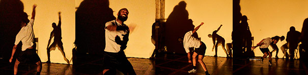 Four very dramatic photos depict dynamic men and silhouettes captured in performance action. A yellow–orange background adds more intensity to the set of images.