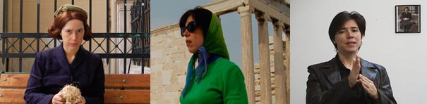 Three pictures of women are displayed, the one on the left is wearing dark blue with brown hair and a gate in the background, the one in the center is wearing green with sunglasses and a ruin in the background, and the one on the right is wearing black with dark hair in a white room with a picture on the wall.
