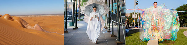 A set of three photos, the first is taken outside where the light blue sky is cut by the sandy ground. The first image depicts the sky and what looks like a desert, with a face-down female partially buried in the sand. The second image focuses on a person walking on an urban sidewalk towards the camera, reading a book while holding a fabulous large white umbrella and wearing an audacious white ball gown-esque dress. Lastly, the same person is standing outdoors, enveloped in an oversized phosphorescent costume, leaving only the top part of their head visible.