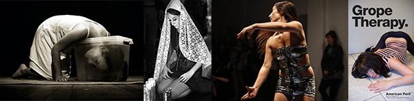 Four different brightly-lit images of a woman in a variety of poses: kneeling and leaning forward with her head inside a plastic container; kneeling with a large patterned head scarf; arms out and captured mid-spin; crawling on the ground towards the camera, beneath the words "Grope Therapy."
