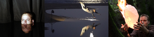 The first of three images is a dark photo in front of a curtain depicting a short-haired man submerged up to his lips in water, the top half of his face reflected in the pool. The second image shows the man, fully clothed, diving into a large body of water, his reflection again appears below. In the third image he cradles a football-sized mass of white translucent material which appears to float with its top portion aflame.