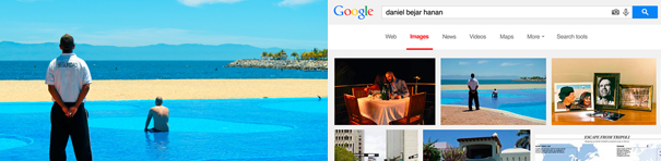 On the right side of the image there is a screenshot of a Google image search with the words daniel bejar hanan in the search bar. The lefthand image from the Google search is enlarged and shows two people, one standing in bright, light-blue water in the foreground looking out into the landscape beyond, and the other in the middle ground sitting in the light blue water. They both face a sandbar and darker blue water beyond, with their backs to the camera.