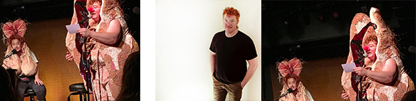 A set of three photographs, the first and last showcase different views of the same image of two costumed characters, one with a bright red clown nose, in a spoken word performance. The middle image depicts a white man with red hair, off-center against a pale background, standing very straight with his hands in his pants pockets.