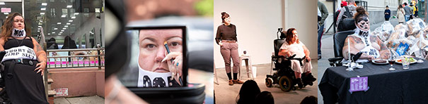 Four photographs awash in blacks, browns, grays and white. The first photo shows a seated woman next to a well-lit indoor display case. The second photo is a close-up of the woman looking in a mirror while applying mascara to her eyebrows. The third photo depicts a woman performing on stage, in a wheelchair, in front of another person and a stool. The fourth photo depicts the same woman outdoors, at a table loaded with many performance props.
