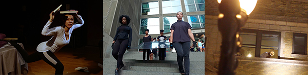 First image shows a Black woman in a black-and-white outfit in motion on stage, attempting to balance two books on her head. Second image depicts two people descending the stairs in front of a glass building, with two other people behind them carrying what appears to be a large plate of glass. Third image presents a dramatic snapshot at night where a glowing amber light comes in from the upper left hand corner. Speckles of light rain down from it, creating a beautiful contrast against a ghostly building at night.