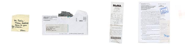 Four objects are displayed next to each other. Left to right: a sticky note with a message on it; an opened envelope that has gone through the mails; a receipt from MoMA; and a piece of paper with a blue stamp and a lot of text on it.