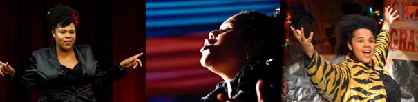 A Black woman is shown in three images. In the one on the left she is wearing black with her arms out and she seems to be speaking, in the center she is singing and her face is shadowed, and on the right she is wearing a yellow-and-black striped top with her arms raised.