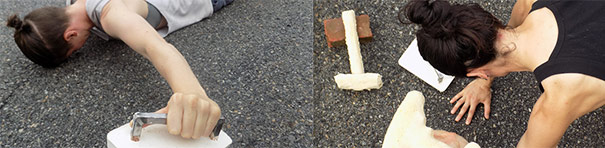 Two photos side by side, each with one fair-skinned woman with their hair pulled into a bun, seen from behind. They are both face down on a road with simple props, wearing sleeveless activewear and dramatically reaching forward with their arms.