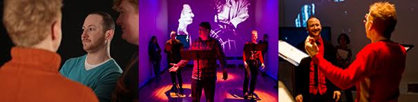 The first of three images focuses on two Caucasian men, one redhead seen in the foreground from behind, wearing a red top, facing a bearded man in an aqua-toned top over a white t-shirt. The second image depicts three men on a darkened deep purple stage. The final image captures the redhead from behind again, near a lectern holding white papers and facing a smiling man wearing dark clothing and a long red scarf.