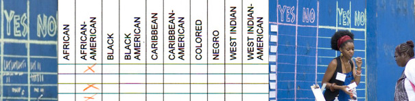 Three images are displayed, on the left there is a chart which says 'yes' on one side and 'no' on the other, with tally marks. In the center there is another chart with words used to describe Black people (African, Black, African-American, Colored etc.) There are X marks under African-American. On the right a Black woman is walking away after filling out the chart on the left.