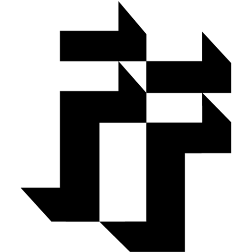 A cropped version of the Franklin Furnace logo features just the two layered Fs. Each F is done in 3D block letters with the black shadows of the Fs contrasting sharply with the white negative space of the Fs. The white of the negative space of the letter F blends optically into the background.