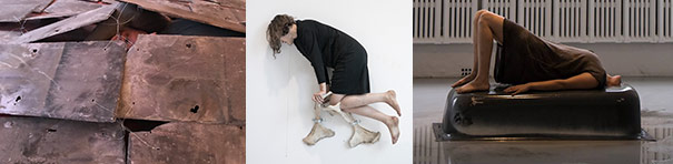 Three photos. In the first, seven bent and pierced planks take up most of the frame, with something, possibly a face, barely visible in an opening between the planks. Second, a woman in a slightly formal black dress is seen from above, lying on the floor with two bone-like artifacts—she seems to be bent over in pain. Lastly, she is seen indoors, posing atop an upside down tub, her head hidden from view.