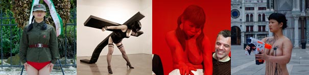 Four women are shown in four pictures. Left to right: a white woman wearing green with headphones around her neck; then a white woman wearing black struggling to carry a black cross on her back, then a woman in a room lit red with a man next to her who is not colored red at all, and finally a naked woman standing in a city plaza with a toy machine gun pointed outwards.
