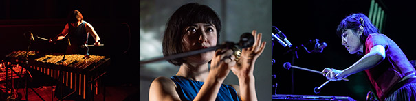 A set of three images. First, a dark room wherein a spotlight shines on a woman with cropped straight black hair using two mallets to play a vibraphone. Second, close-up of a musician playing a hand-held percussion instrument at a microphone. Third, a side view of an Asian woman playing the vibraphone, her arms raised, and a lovely hazy purple hue pours over the scene.
