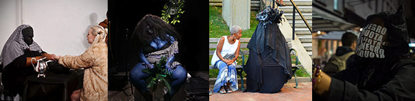 A set of four images. The first image depicts a hooded Black woman holding hands across a black-clothed table with a blonde, pig-tailed woman in a beige top; the second image shows a seated, partially-dressed Black woman against a very dark background, a standing figure completely covered in a multi-faceted black costume; the third image depicts a cloaked figure on a park bench, with a Black woman seated next to the bench, staring intently at the figure; lastly, an outdoor night scene of partial figures, one wearing a jacket covered in partially-legible white-lettered words.