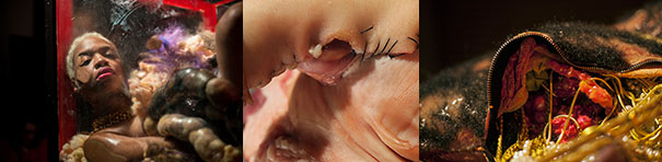 The first photo depicts a Black woman with short white hair covered in what seems to be human organs. The second shows a close-up of what looks like two pieces of light-colored skin sewn together. The third one depicts what seems to be a furry blanket which has one end lifted up to reveal what looks like human organs inside.