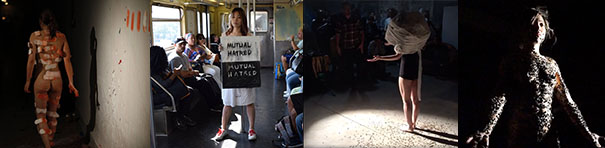 A total of four photos. In the first, a naked female walks away from us with white rectangles taped to her legs, posterior, and back. In the second image, the same Asian woman wears a white dress and sneakers with red laces, standing in front of a pole in a subway car, surrounded by seated passengers. She holds two signs, one with black letters on white declaring “Mutual Hatred"; the second just below the first, with the same statement in white letters on black. In the third photo, a woman stands in the spotlight on a stage, barefoot in a white top and black shorts, seen from the side/behind in performance. The fourth dimly lit image shows her from the waist up, naked with her arms out and palms forward, her skin plastered with many small strips of black tape.