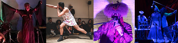 Four images. First, a man standing on stage yelling into a microphone with arms extended upward—orange light flickers across his face. Second, a man wearing a paint-splattered white t-shirt dress lunges forward with his right fist punching forward. Third, a largely purple image shows a man in front of a white-painted brick wall, with a large Afro hairstyle and a microphone in hand—a textured cloth takes up most of the frame. Lastly, a dark-blue image of three performers in action on stage.