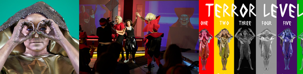 The first image presents a feminine fair-skinned woman whose face seems painted in translucent silver paint. She is also wearing a silver hood and miming binoculars with her hands. In the second image, a platinum-blonde-haired woman stands on stage with four other performers, in front of large projected images of performers. The third image is of a poster composed of six numbered vertical strips, each of a different color. Each one has a full-length portrait of the artist similar to the first image described here. She is using different gestures with the words “Terror Level” set above her.