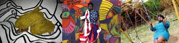 There are three pictures side by side, the one on the left is a white page with black squiggly lines all over it with two mounds of golden glitter in the center. In the center a Black person stands wearing an American flag with a multicolored background. On the right a black person wearing light blue swings on an outdoor swing set.