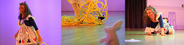 Three photos capturing a fair-skinned woman in performance. First, she is gliding across a purple room in a flowing floral-print Alice in Wonderland dress. Next, a blurry close-up of a stuffed rabbit pointing to the artist's legs tangled up in yellow rope. Lastly, the artist is crawling on the floor towards the audience, with the shadow of a stool on the stage wall behind her.