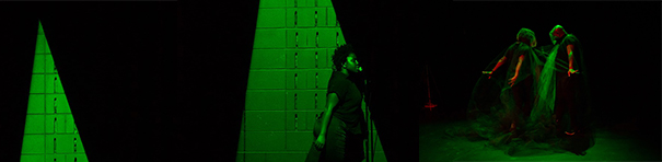 Three images that feel eerie and mystical due to the darkness and green lighting. The first image is a peek behind dark curtains; in the second, a woman stands stiffly between the partially opened curtains; and in the third, two artists face each other sideways, belly to belly.