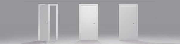"This image shows three simple doors almost floating in a plain grayish background. The first white door in its frame is partially open, the second and third doors are closed, with the only difference being that the third door is slightly darker than the other closed door. "