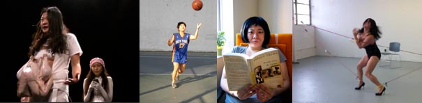 Four images of women are shown, going left to right: In the first, the woman is standing and seems to be speaking to people with another woman in the background; in the second appears a woman wearing a basketball uniform with a basketball in the air, in the third a woman sits in an orange chair reading a book; and finally a woman wearing black in a white room is in the midst of squatting down or standing up. She is in motion.