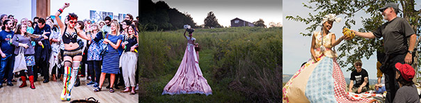 In the first photo, a woman is seen mid-dance step, surrounded by a standing audience. She has short cropped spiky hair all black except for a shock of pink, and wears a black-and-white bodice and hot pants. The second photo presents the artist standing in the foreground in a long pink dress. Her left hand raised above her head, holding a white object. A building sits atop the hill in the distance. In the third photo, she stands outdoors under a tree, wearing a large white bandana tied in a big bow, and a multi-colored gingham skirt which doubles as a picnic blanket being used by other people. She is handing something to a man standing to her left while a woman seated on the blanket/skirt watches on.