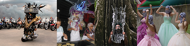 A set of four photographs. First photo shows a jumbled yet compact sculpture made with a variety of materials. Second photo features two women chefs in aprons toasting what appear to be pancakes or arepas on a large flat griddle, a tall person stands between them wearing an elaborate sculptural headdress, just below a lavender neon silhouette of a howling coyote. Third photo depicts a man seen from the waist up who holds a tall silvery metal sculpture surrounding his face and extending above his head. The last photo depicts a group of four women, all with both arms raised, dancing near each other. Each woman wears a different-colored ball gown: creme, pink, pistachio, and lilac, and matching zebra-striped masks which cover their heads and necks, leaving only their eyes visible.