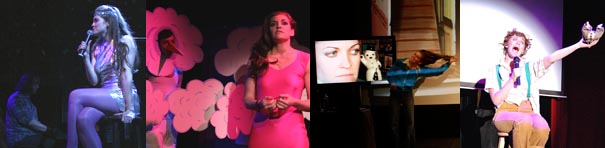 Four photos are side-by-side. From left to right: a woman sitting and holding a microphone in a room lit blue; a woman standing in a room glowing in pink who seems to be speaking; a woman wearing blue standing before a screen with a person's face and a dog projected behind her. The fourth photo shows a woman with a white spotlight on her who is speaking into a microphone with an arm outstretched.