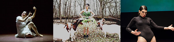 The first image shows a fair-skinned woman dressed in white with short black hair on stage, seated with arms raised almost as if she is playing the harp. In the second one, she is standing in a forest surrounded by three goats, wearing a patterned green dress which blends into the leafy autumn scenario. One goat seems to be nibbling at her dress. Lastly, wearing a black leotard, she is captured in action on stage, with a fierce expression, bending backward, her arms reaching out towards us.