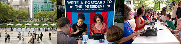 Shot from above, the first scene is a wide view of a green-lawned park amid an urban skyscraper-filled scene. A crowd of people looks on over a row of tables where people are seated under 6 matching white umbrellas. The second image shows two ladies with updo hairstyles using manual typewriters as two people seen from behind observe—the entire scene is in front of a large red, dark blue, and light blue striped banner with white text: "WRITE A POSTCARD TO THE PRESIDENT" between two stars. The third image is an outdoor side view of many of the white tables fading off into the distance, each with a female typist taking instructions from audience members, the first few of whom are young children.
