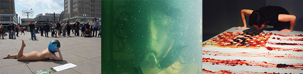 In the first of three images, a woman, wearing a skin-colored leotard and a blue-and-black helmet on her head, lies on her stomach on a concrete urban plaza. Her head on her elbow, she is looking at a crowd of people watching from a distance. The second image presents a close-up of her face where she is submerged underwater using a breathing apparatus. In the third one, she is in a black outfit leaning forward onto a big white table. A version of the American flag has been painted on it. Instead of the lines neatly coming together, the red paint is smeared as if blood. She leans over the table with her head facing down.